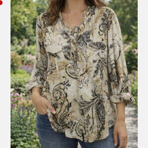 Avenue Tunic Top Plus Size 22/24 Beige Black V-Neck 3/4 Sleeve